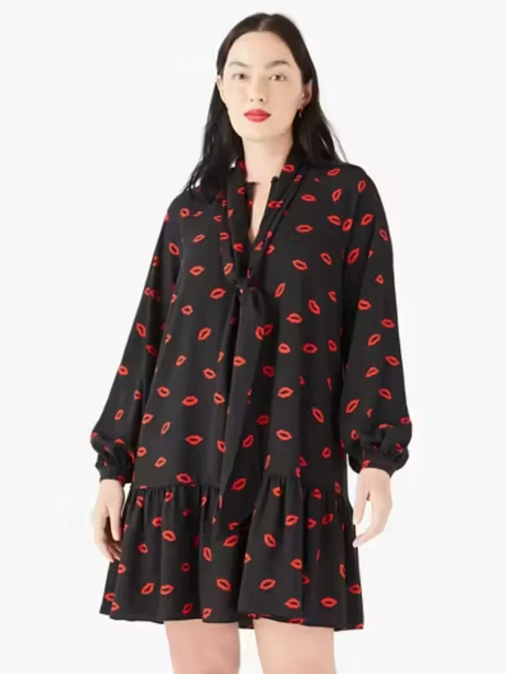 Kate Spade Kisses Lips Tie Neck Shift Dress Mini Long Sleeve Crepe Black Medium